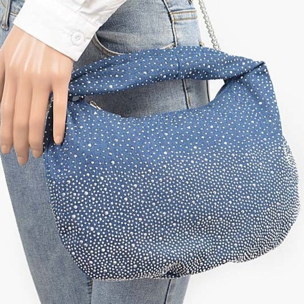 Rhinestone Denim Hobo Shoulder Bag – Sparkle Crossbody Purse Y2K NWT - Picture 5 of 11